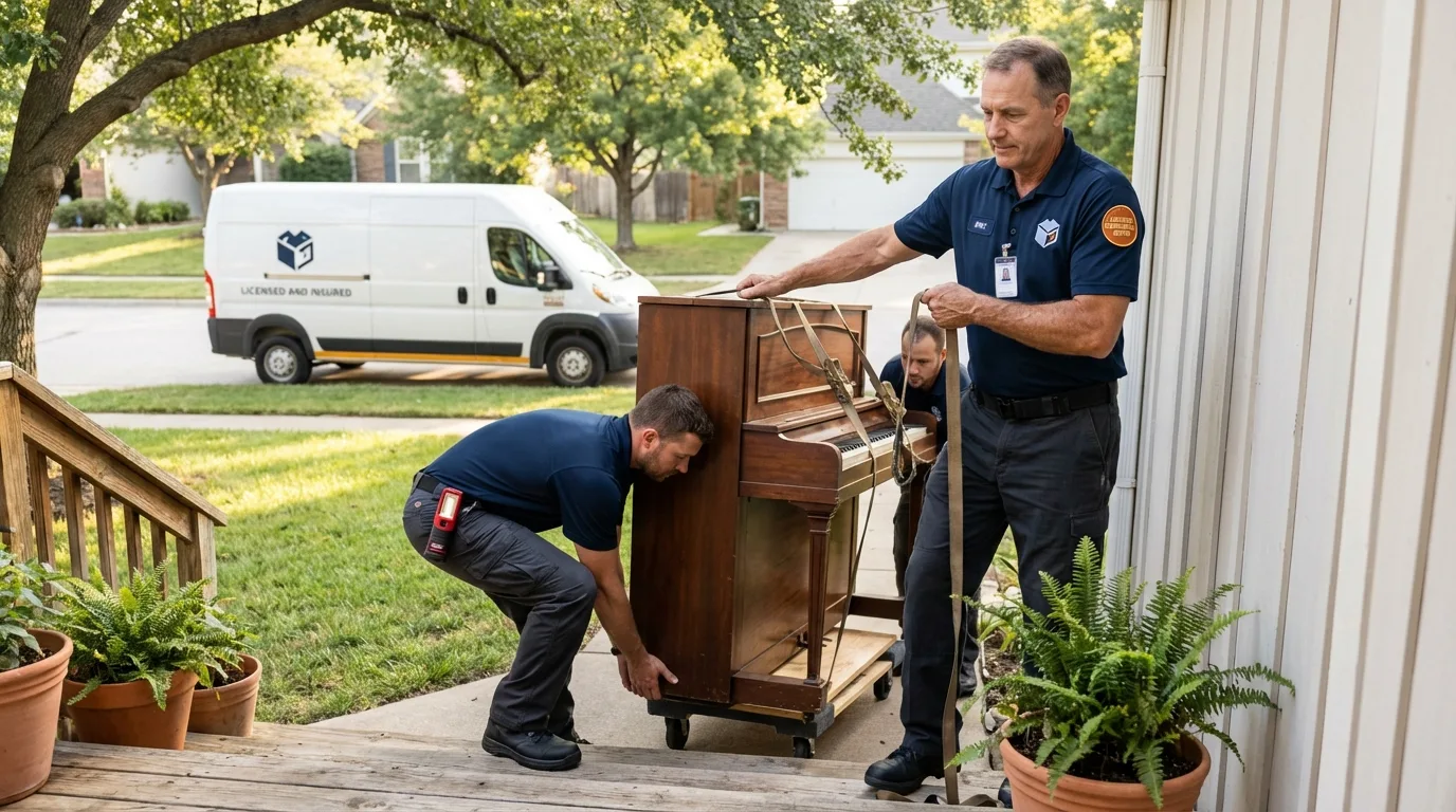 Licensed piano movers securing grand piano in Brooksville, MS