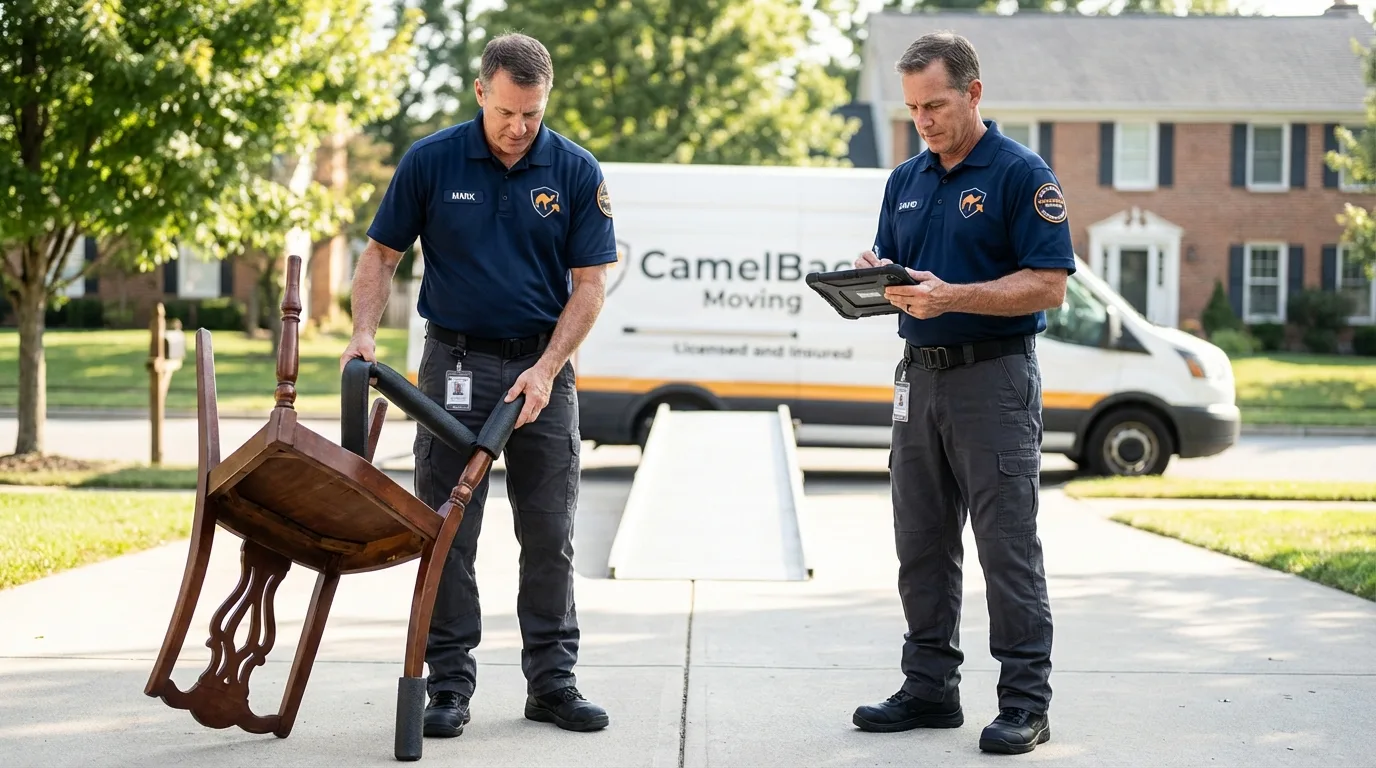 Movers inspecting furniture for damage prevention before loading in Brooksville, MS
