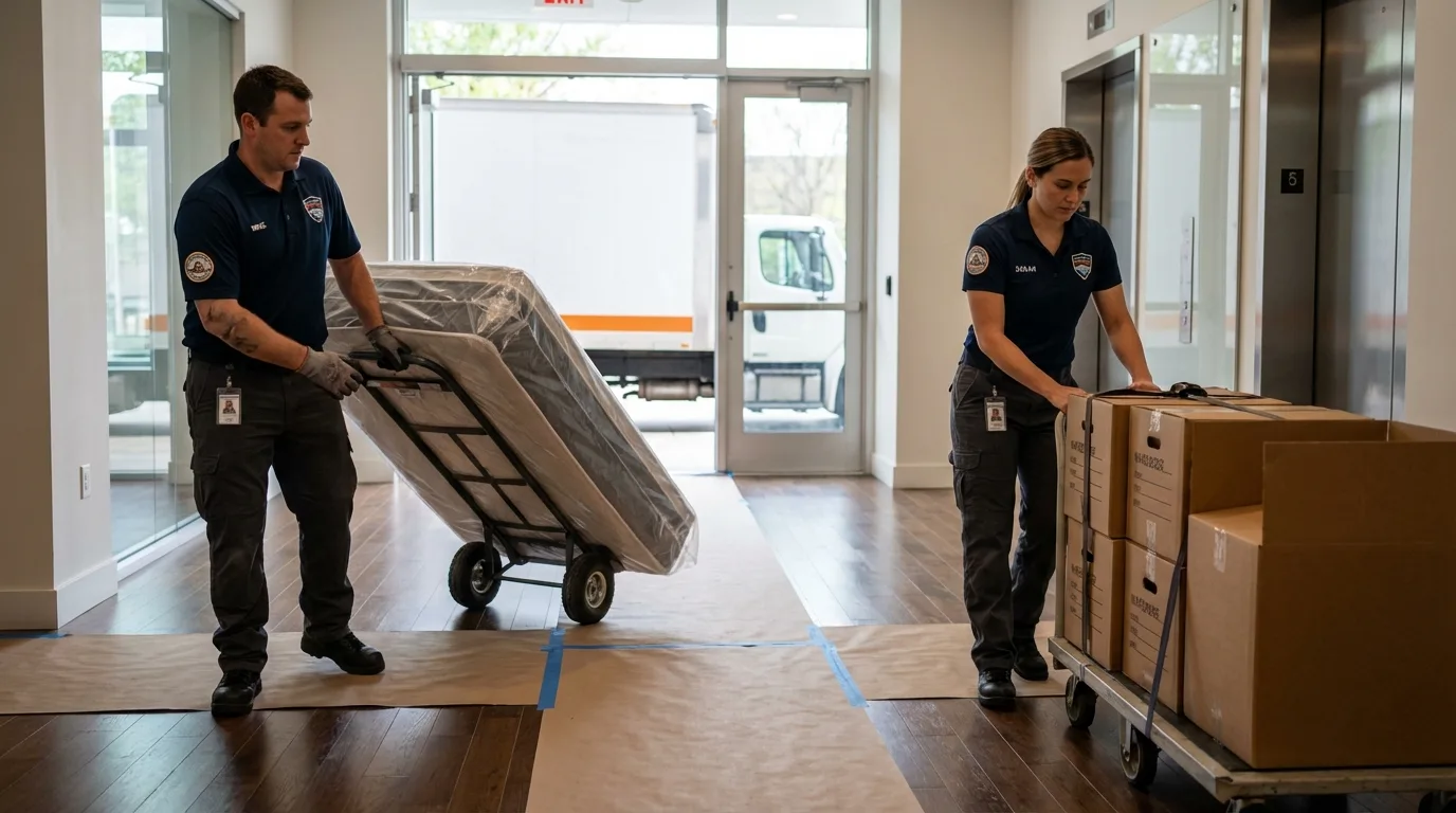 Professional apartment movers loading elevator in Brooksville, MS